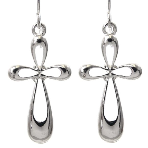 Silver Cross Open Stylized Dangle Earrings Designer Religious New - Picture 2 of 3